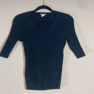 J Crew Vtg Y2K Whimsigoth Ribbed Fitted Sweater Medium Black 3/4 Sleeve Minimal